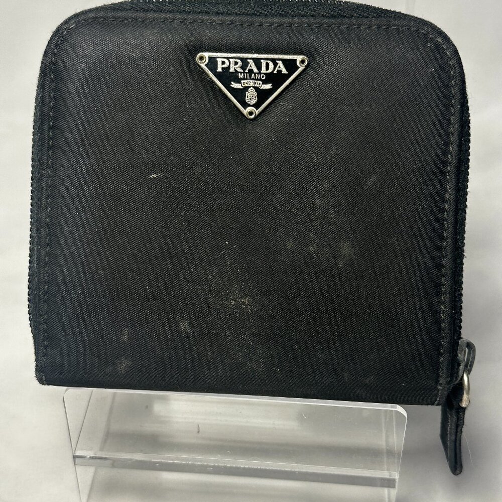 Authentic Prada Black Nylon Zip Around Wallet Silver Triangle Logo